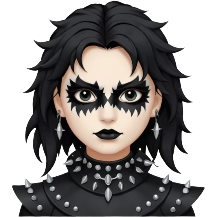 Crea una ragazza con stile black metal,  paint face black metal, capelli neri, mossi dalle spalle e occhi bianchi e un collare con borchie a punta emoji