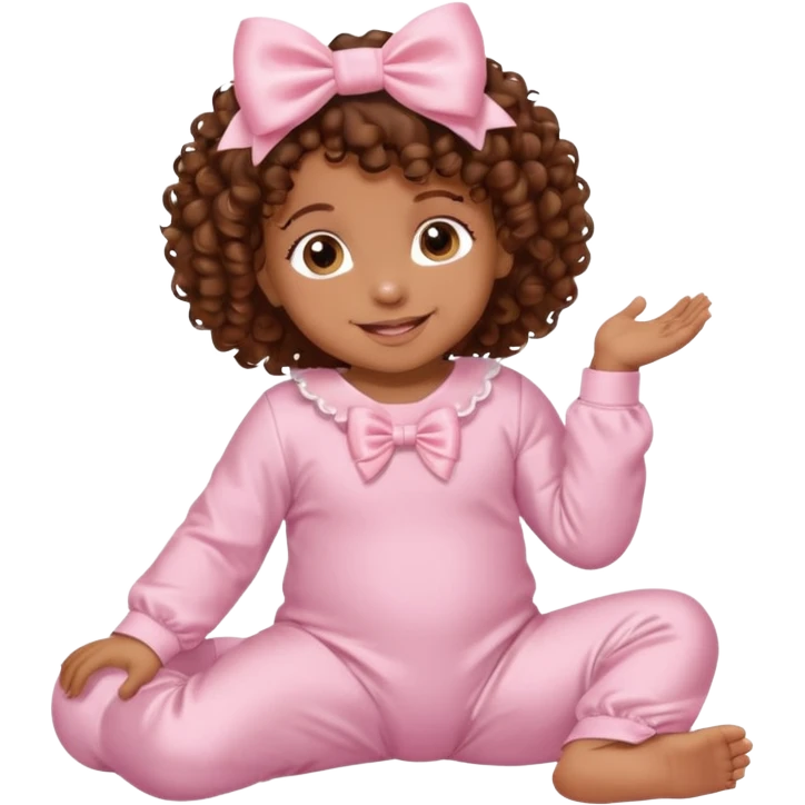 Brown skin 6 month old baby with brown curly hair down laying down smiling with satin baby pink onesie and white bow emoji