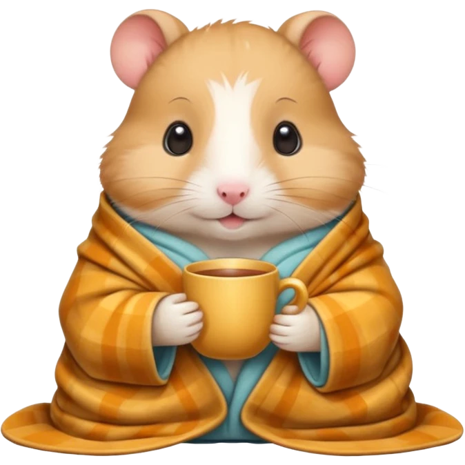 Cute cartoon-style hamster wrapped in a cozy blanket, holding a cup of tea, relaxed expression. Painterly shading, white background, sticker-style illustration emoji