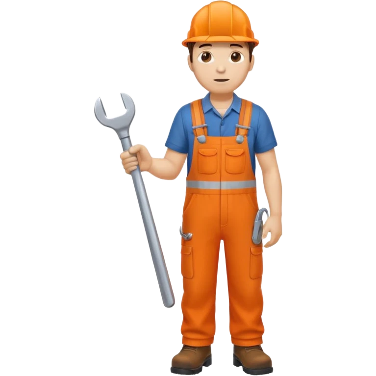 railway engineer, looking tired in orange overalls, boots, holding a spanner emoji
