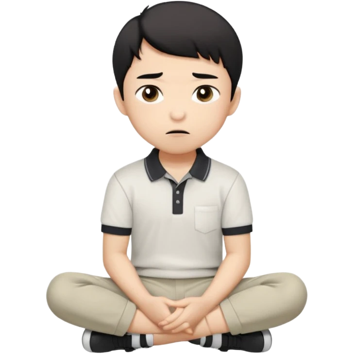 A cartoon young Asian boy with short black hair, light beige skin, and large expressive eyes, wearing a white polo shirt, gray pants, and black shoes. He sits cross-legged on the ground, one fist resting on his cheek, with a closed-mouth smirk. Clean lines, flat colors, solid black background. emoji