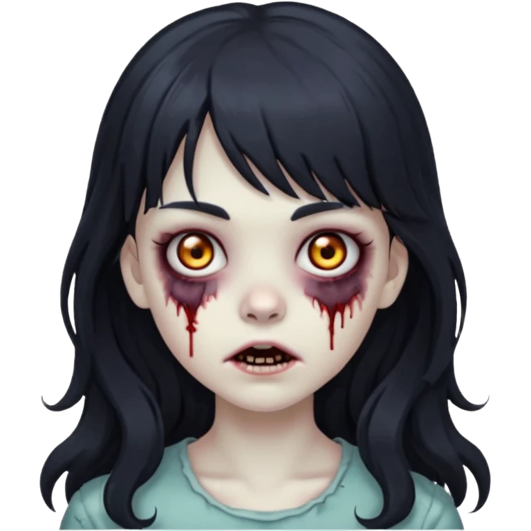 Zombie girl with long wavy black hair and bangs. emoji