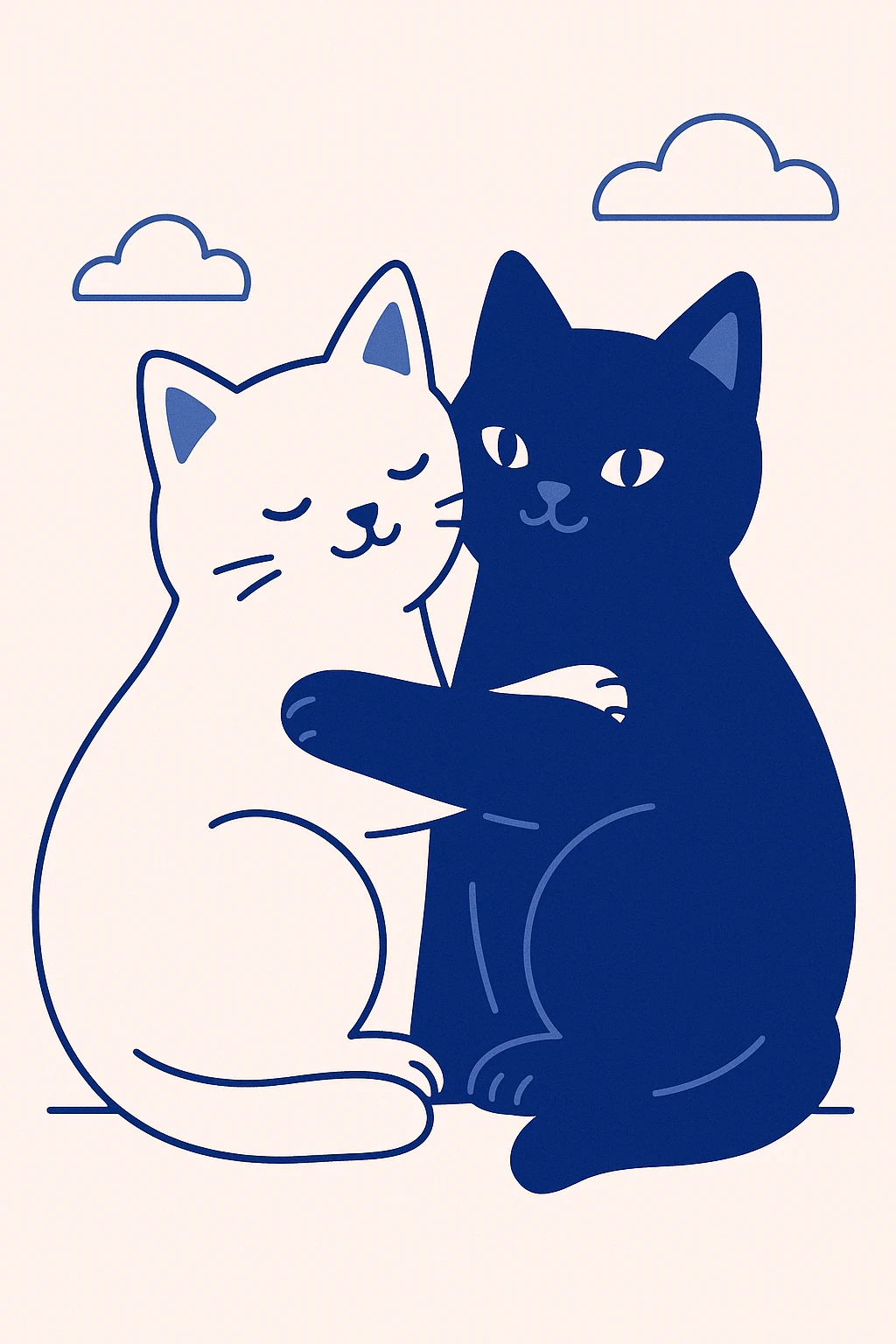 a white cat and a black cat cuddling, cute style emoji