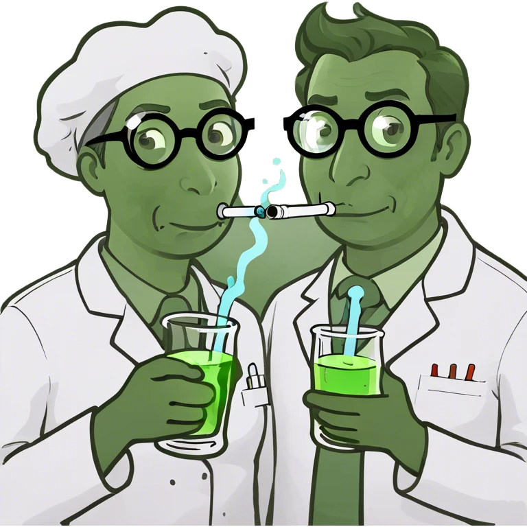 Mom and Dad holding beaker, and bubbly pipe, with smoke  emoji