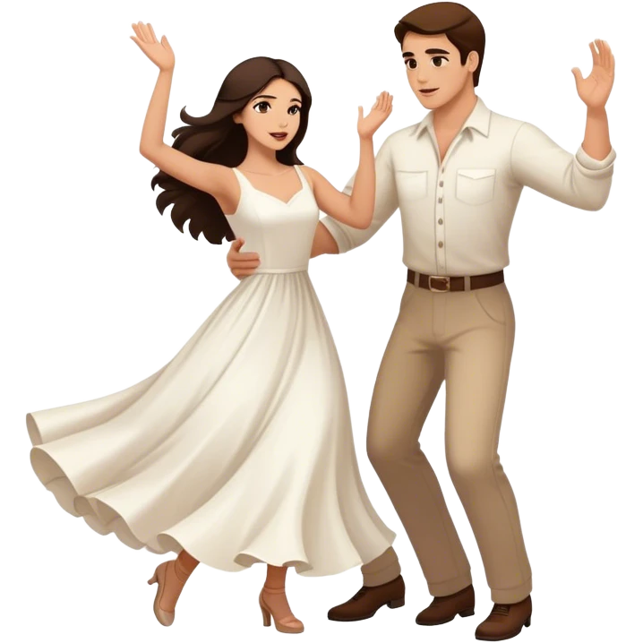 Beautiful woman in 1950’s woman fashion look, white dress, long dark brown hair, balboa couple dance, toss-out movement emoji