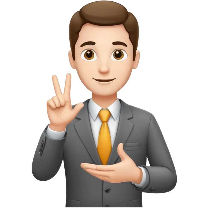 friendly salesman with a name tag, open hand gesture, business attire emoji