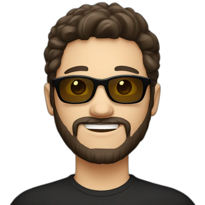 person short dark brown hair, goatee style beard with sunglasses. White background, simple black tshirt. smiling. white skin emoji