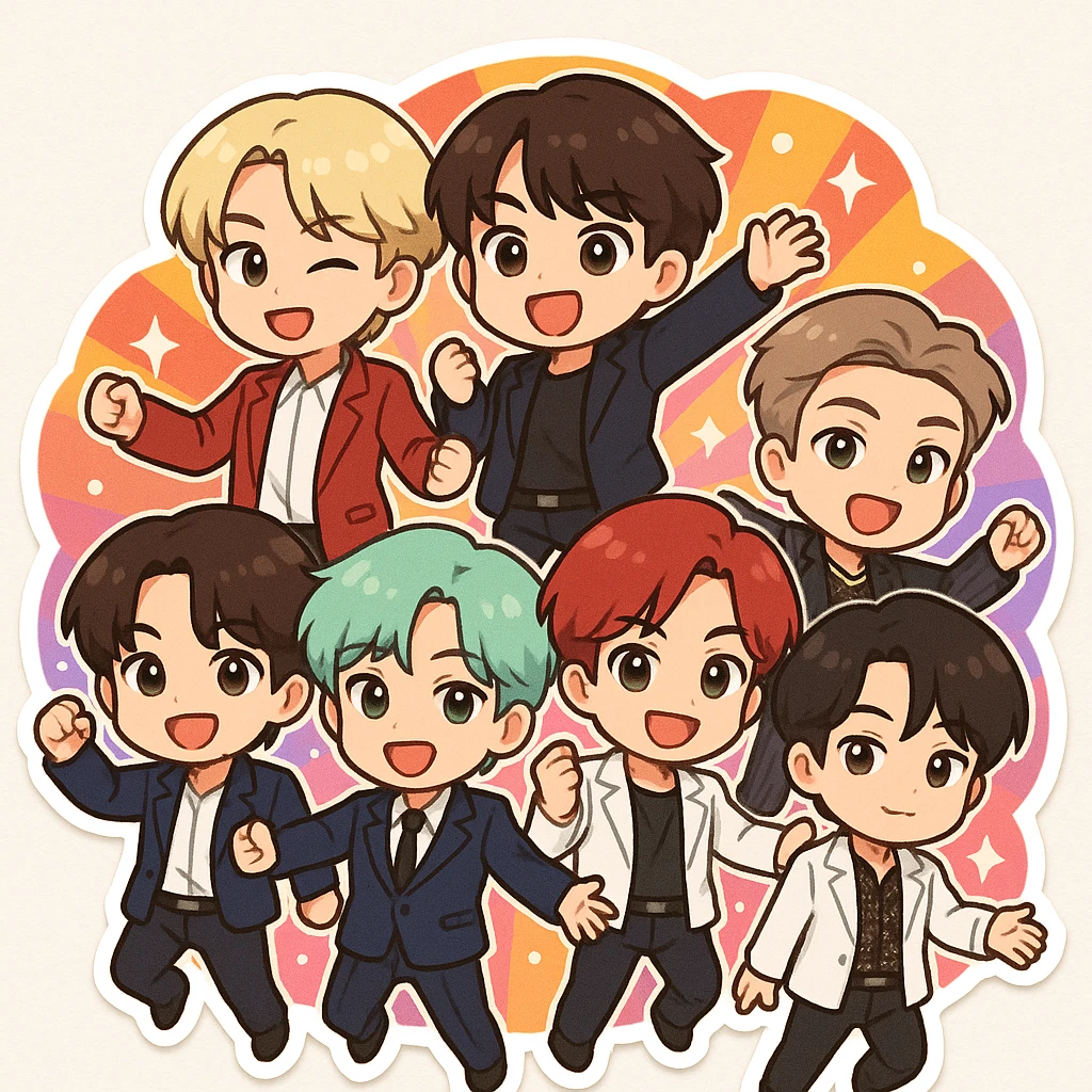 BTS K-pop group stylized as chibi cartoon characters, each member with unique hair color and stage outfit, energetic pose, vibrant background emoji