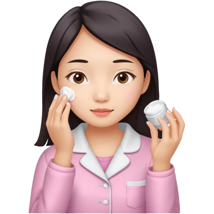angelic asian girl doing skin care in pink pajamas, applying cream to her face emoji
