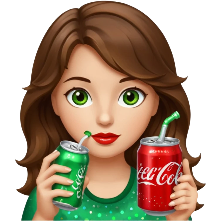 Girl with brown wavy hair green-brown eyes drinking a bedazzled Diet Coke  emoji