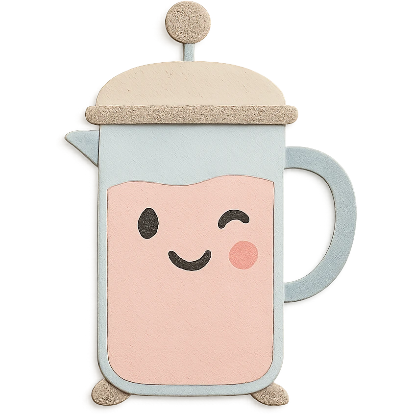 adorable French press winking, soft pastel tones, full body, hand-drawn paper craft style emoji
