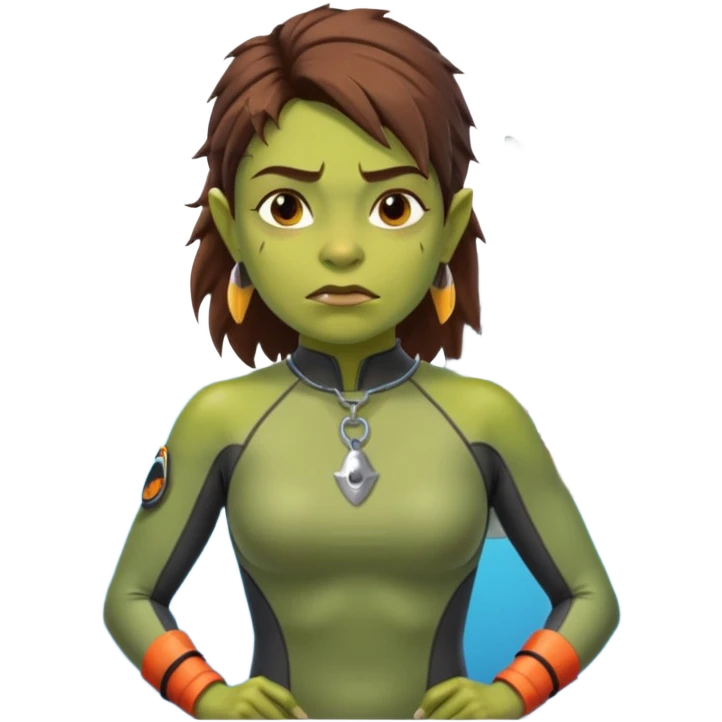 orc female in rescue tube, scanning horizon. Rash guard, shark tooth necklace emoji