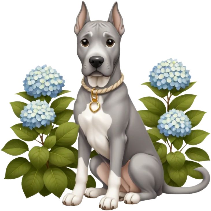 Gray Great Dane with natural ears white rope collar and rope Leash with gold accents sotting near a white hydrangea bush  emoji