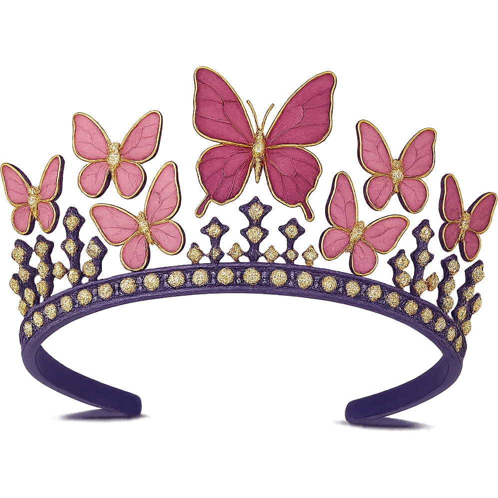 Update the butterfly crown to have a purple base, keep the vibrant pink enamel butterflies and sparkling gems, with no background. The style should maintain the original look of the butterfly crown. emoji