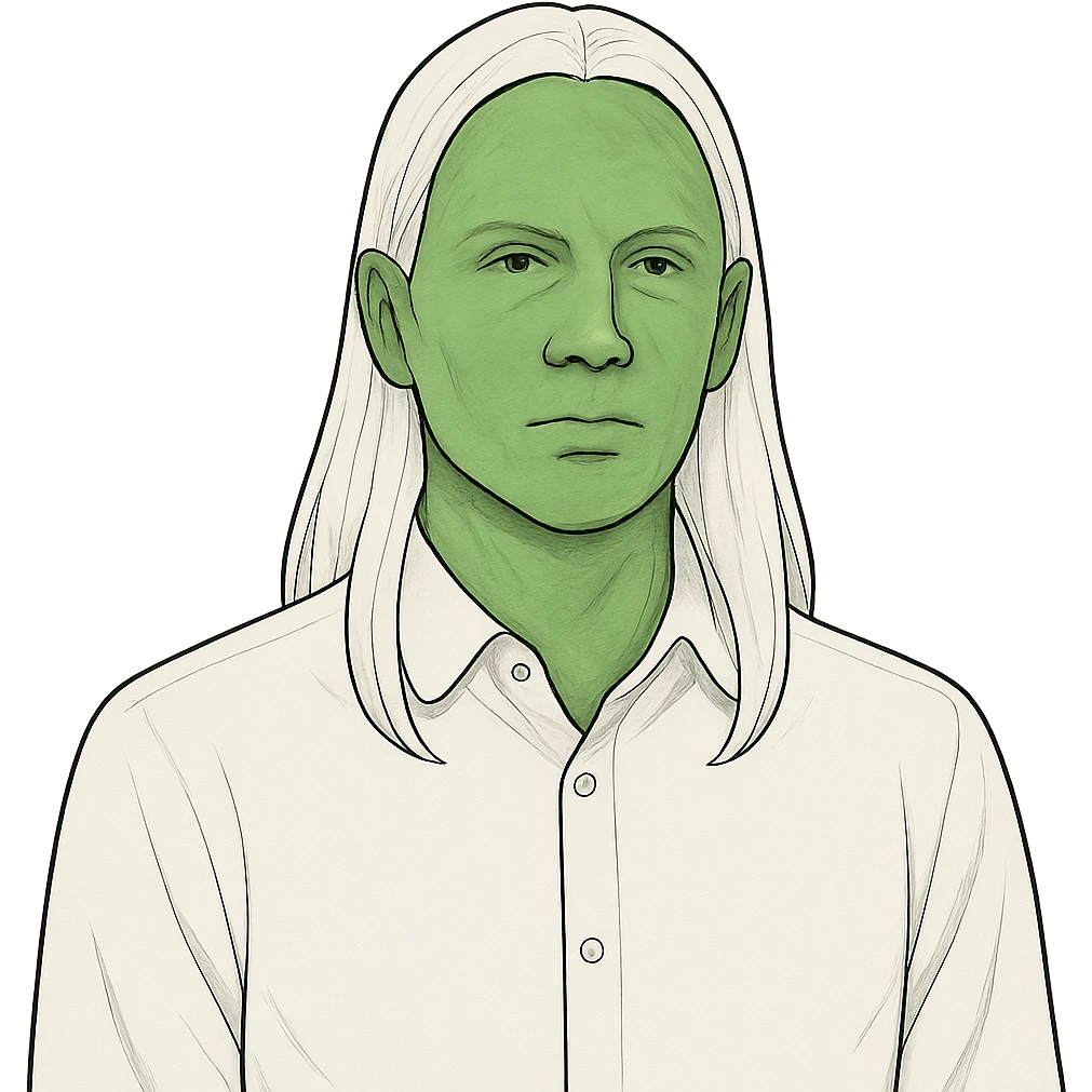 a man with slime green skin, wearing a white shirt, with long straight white hair, neutral expression, upper body view emoji