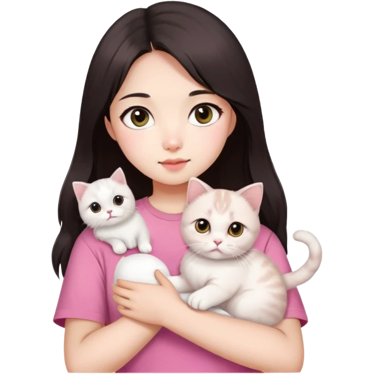 This Chinese girl's got fair skin and big black eyes. She's got long dark brown hair and she's wearing a pink t-shirt. She's holding a white Scottish Fold cat. emoji