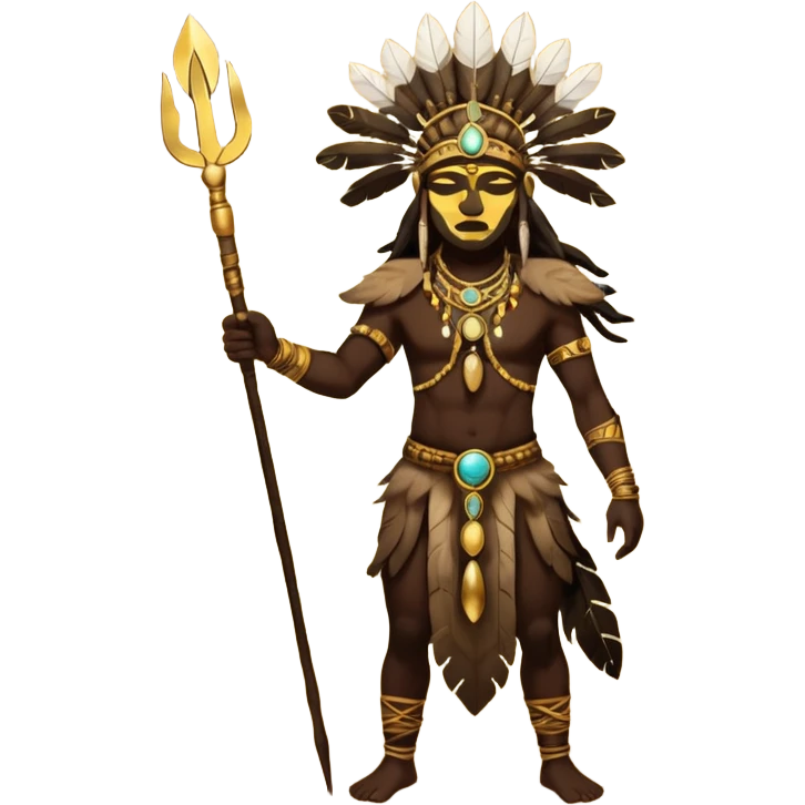 Tribal shaman silhouette gold realistic with staff and feathers, spiritual aura, sacred geometry glow behind, powerful stance emoji