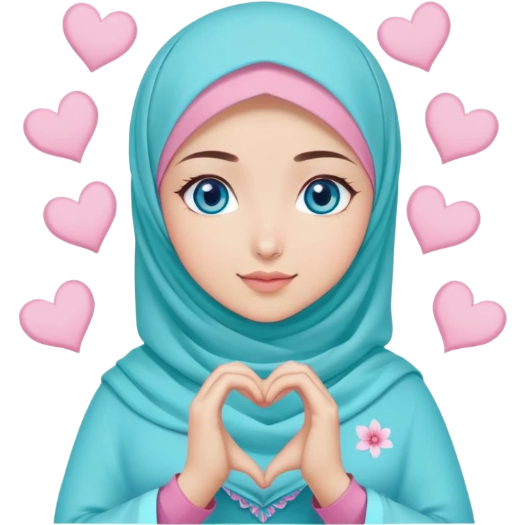 Turkish beautiful finish Konya girl blue eyes with light turquoise sakura and pink hijab islamic dress and making heart with hands and with thank you text emoji