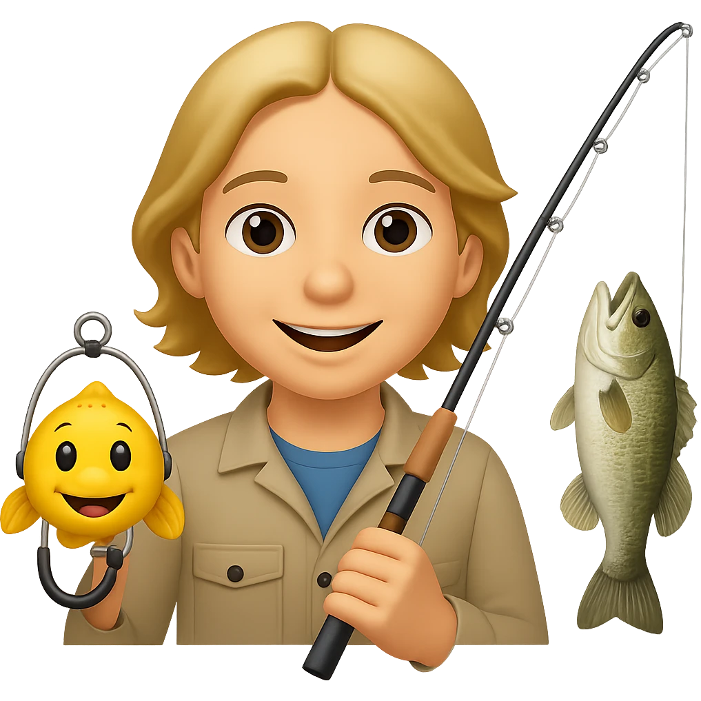 Remove the fishing cap and add a fish to the end of the fishing pole, keep the style the same, with no background. emoji