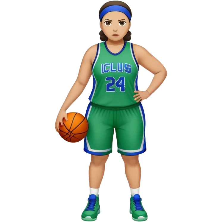 Full Body light skin Latino plus size women basketball player wearing blue and green uniform emoji
