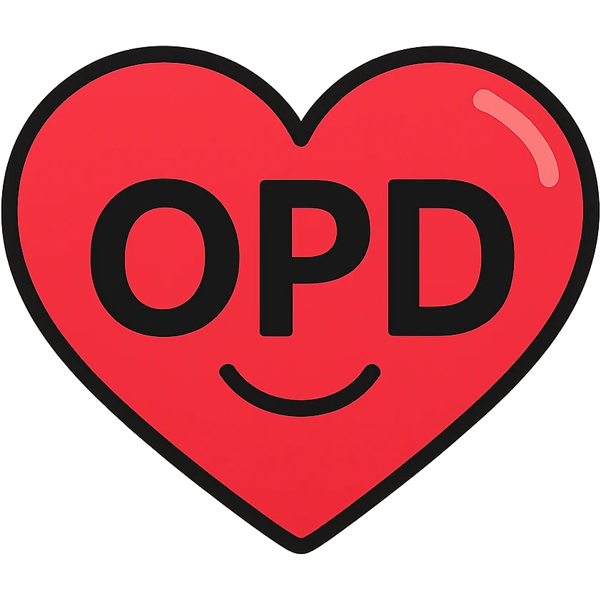 Convert the red heart with 'OPD' text into a simple emoji style, preserving the heart shape and keeping the 'OPD' text clear and legible. Maintain a transparent background. The style should resemble classic emoji aesthetics with clean lines and bright colors. emoji