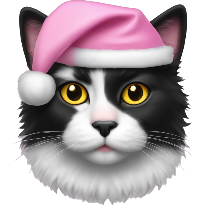 fluffy black tuxedo cat with yellow eyes, pink nose, and pink santa hat emoji