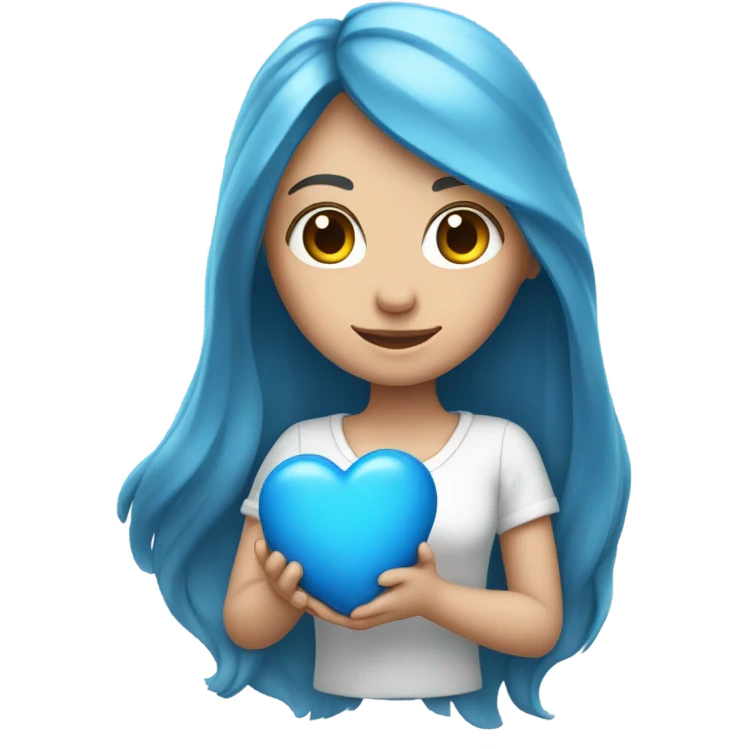 white girl with long blue hair holding a blue heart emoji