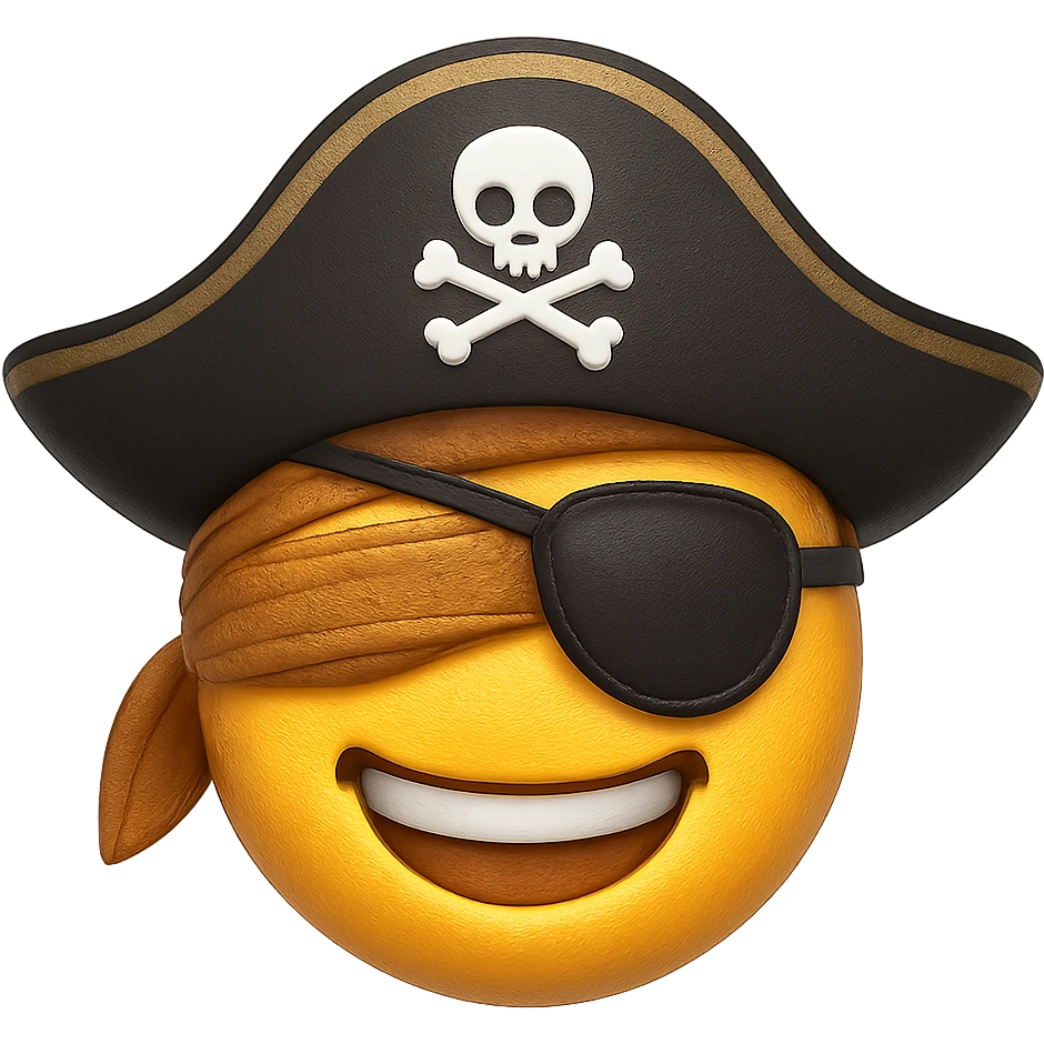 Add an eye patch over the blindfold for the pirate captain. Keep the pirate hat and smiling expression. Render in emoji style with transparent background. emoji