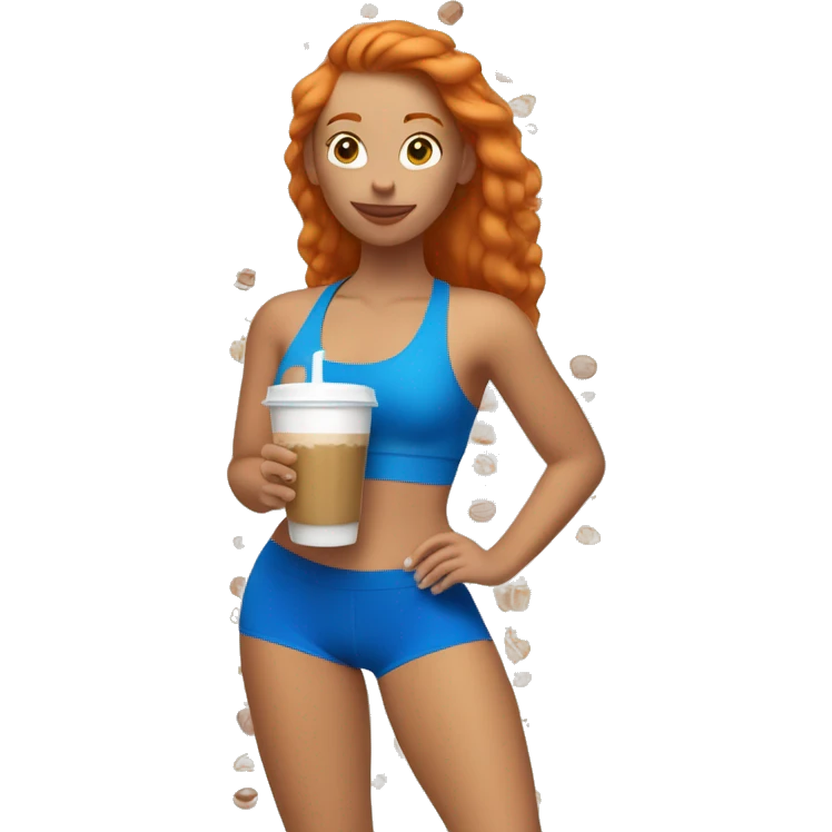 Ginger girl in blue sports bra and leggings drinking iced coffee emoji