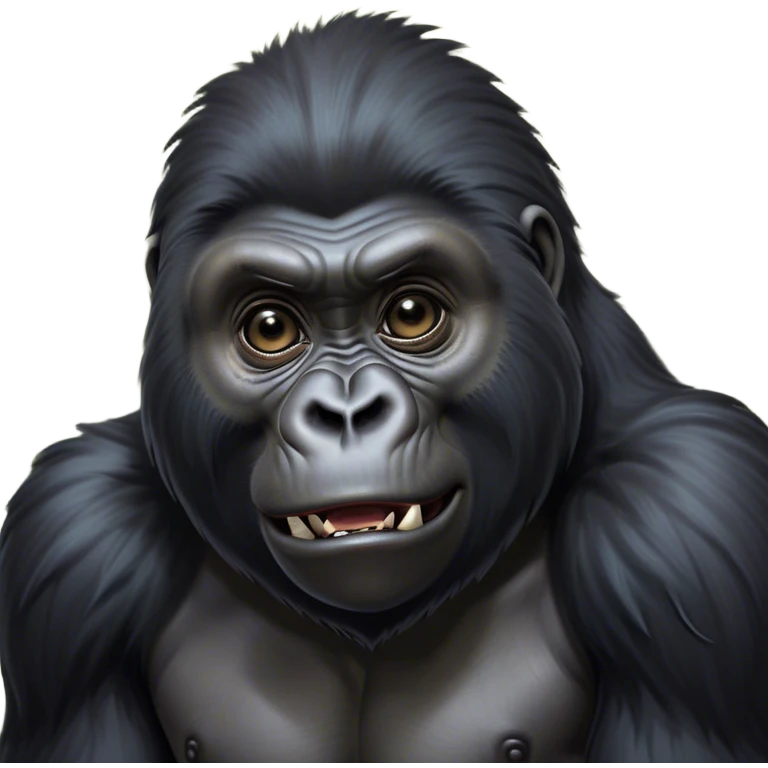 Cinematic Comical mountain Gorilla Portrait Emoji, Head tilted dramatically with an exaggeratedly shocked expression, featuring a stately black and grey mane and wide, comically expressive eyes full of humorous disbelief, Simplified yet hilariously expressive features, highly detailed, glowing with a slightly sassy jungle glow, high shine, dramatic yet playful, stylized with an air of quirky primate attitude, soft glowing outline, capturing the essence of a meme-worthy mountain that appears ready to side-eye its way into viral fame! emoji