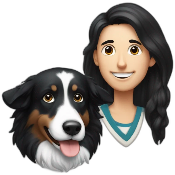 aa family photo a a family photo of a 30-year-old boy with very long black hair next to a black and white border collie emoji