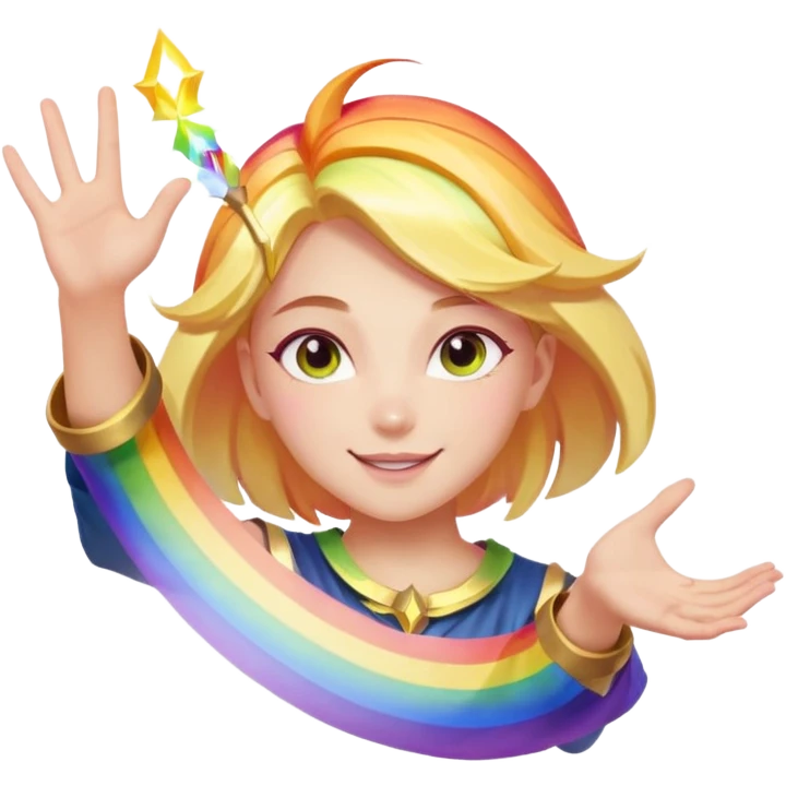 Lux from League of Legends casting a rainbow spell, magical effects, cheerful expression emoji