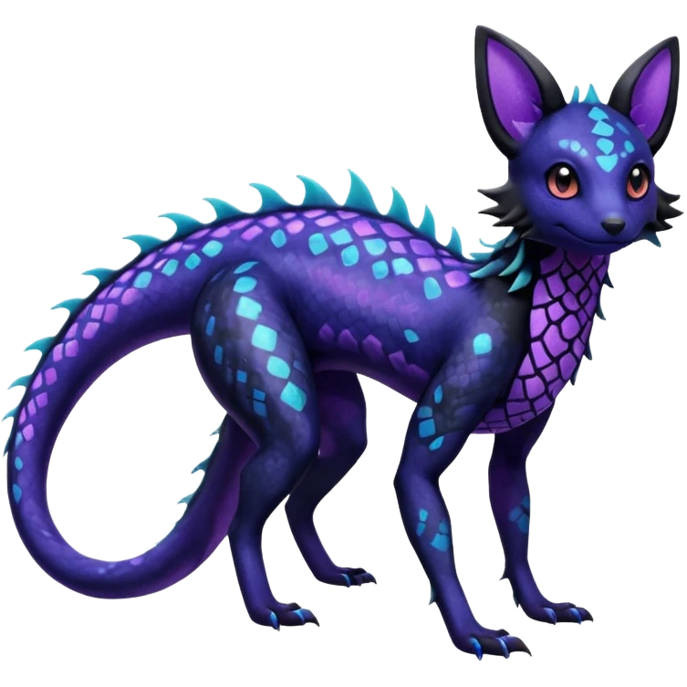 L Scaley Exotic Salandit-Aurorus-Umbreon-Fakémon-hybrid-creature (full body), 4 legs, with splash markings, with intricate details emoji