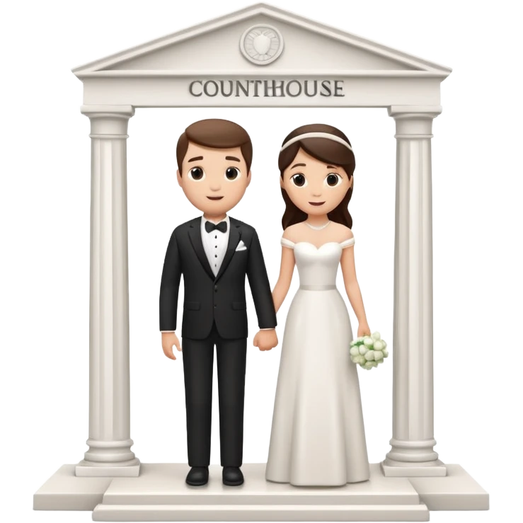 A 3D cartoon courthouse wedding venue with a bride and groom standing at the entrance, elegant white columns, soft natural lighting, simple modern decor, minimal background, realistic Memoji-style rendering. emoji