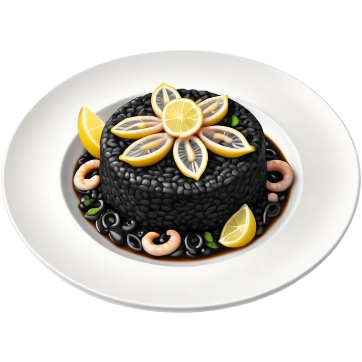 cinematic-realistic-black-risotto-dish,-showcasing-small squid pieces-rendered-with-bold-textures-and-dynamic,-dramatic-lighting in a white plate with a grilled lemon on top emoji