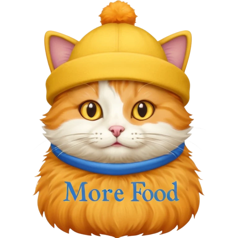 Make cat wearing cute hat that are yellow and has blue text that says More food!!! emoji