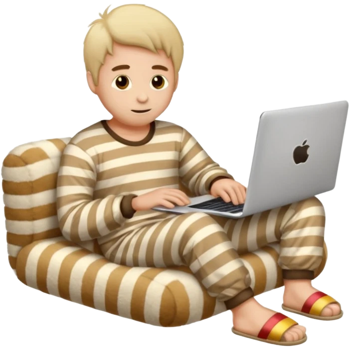 man in striped pajamas and fuzzy slippers typing on a laptop, emoji style emoji