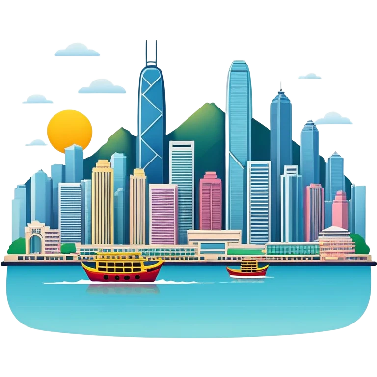 Hong Kong Victoria Harbor skyline, simplified emoji style with bold outlines and bright colors, cartoon style city view with tall buildings emoji
