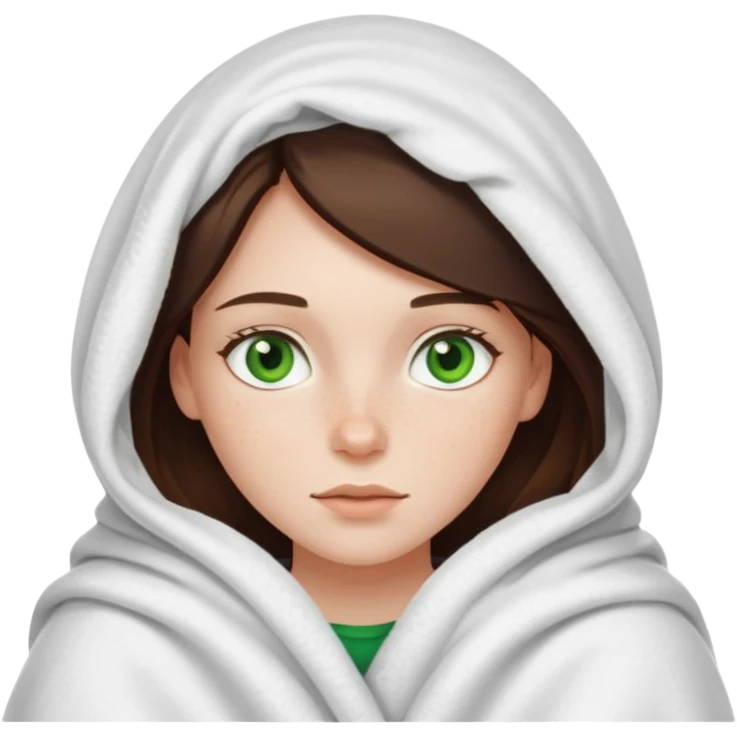 a white brunette girl with green eyes and freckles covered up in a blanket emoji