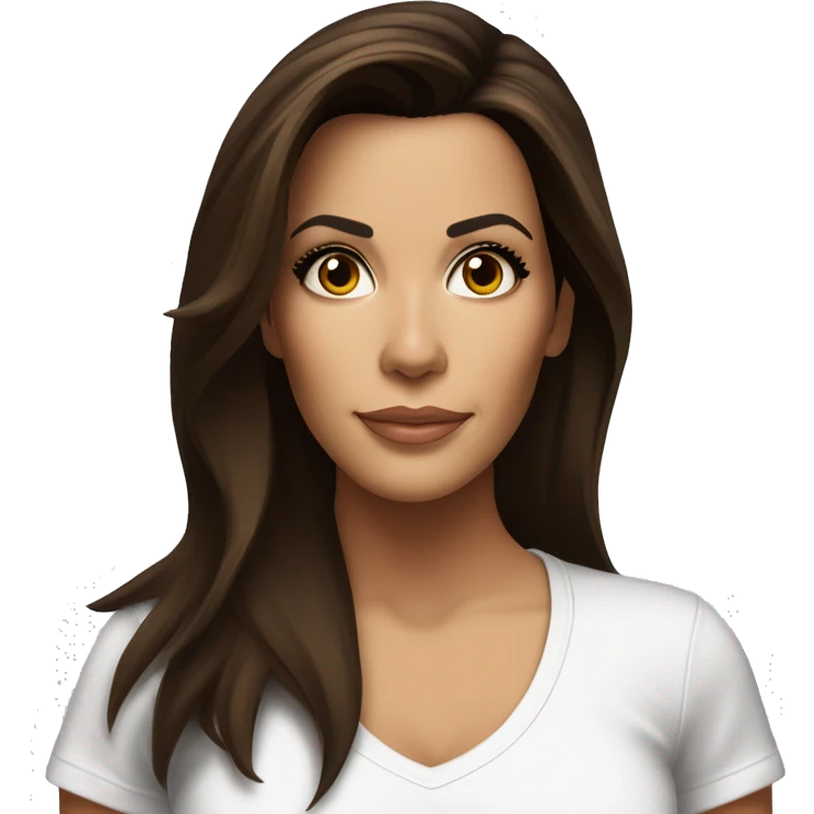 3/4 face, contrasted, shadow, light, Eva Longoria expression, standing, thin nose, brunette woman, hazel eyes, long eyelashes, dark shoulder shaded hair, white t-shirt, jeans, white sneakers emoji
