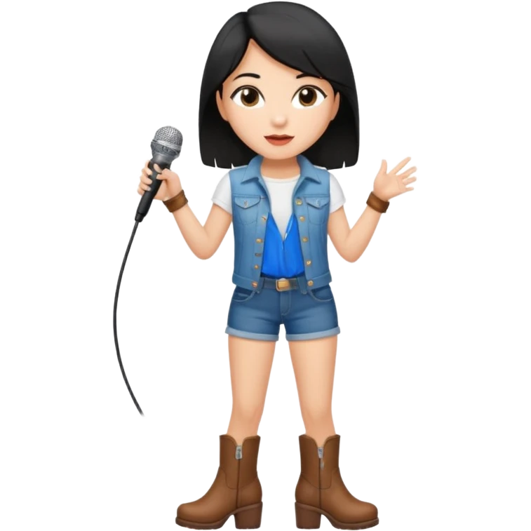 Crie uma cantora morena charmosa de shortes top e bota com microfone branca e cabelo preto emoji