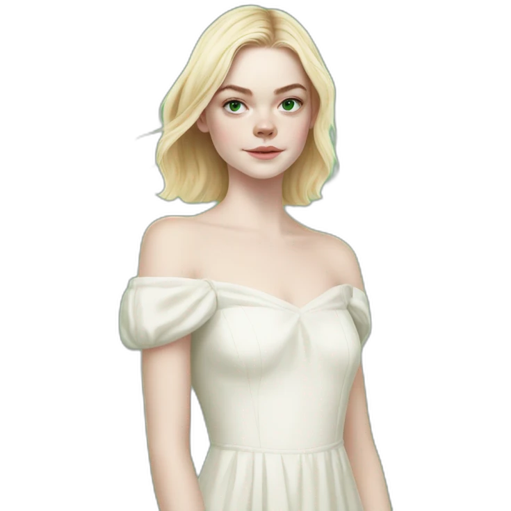 Elle Fanning with bare shoulder-length hair and a white dress, full green eyes and a closed mouth. emoji