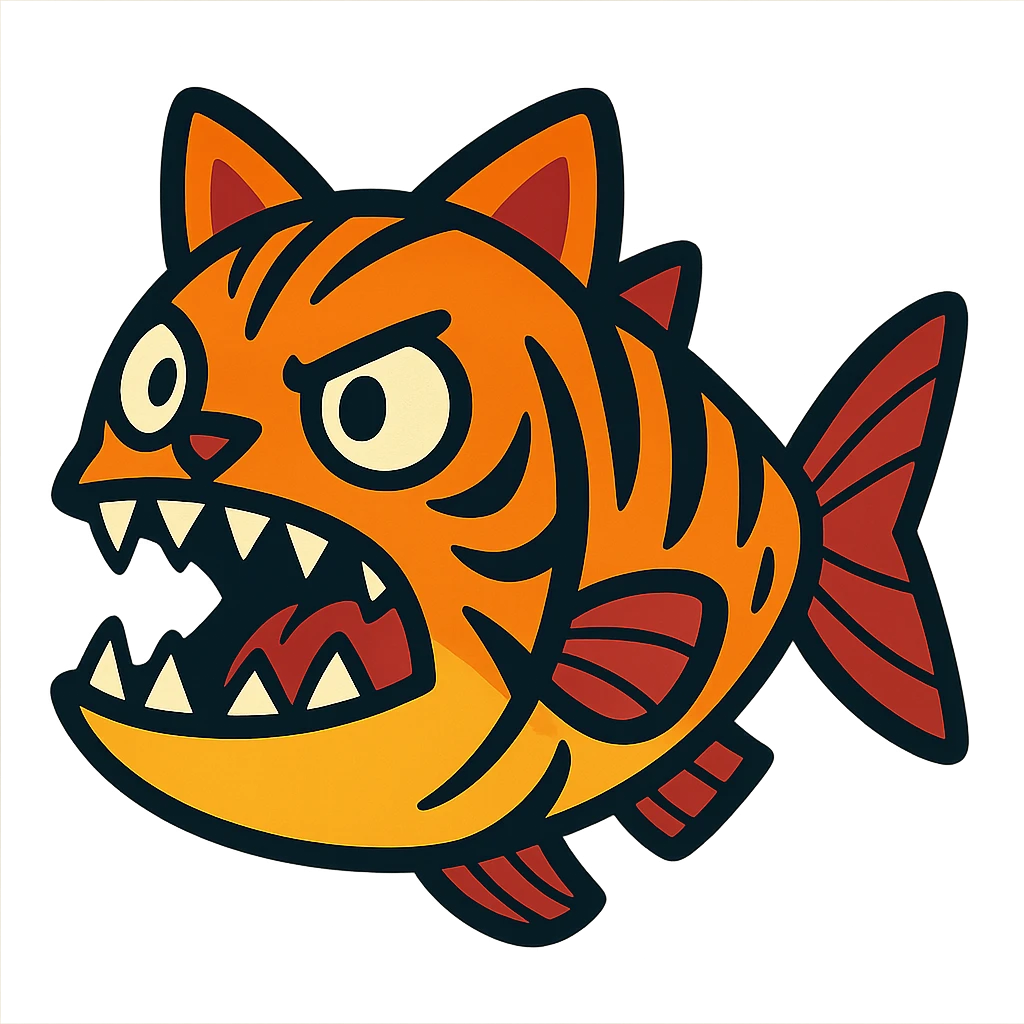 piranha with tiger stripes and feline ears, cartoon style emoji