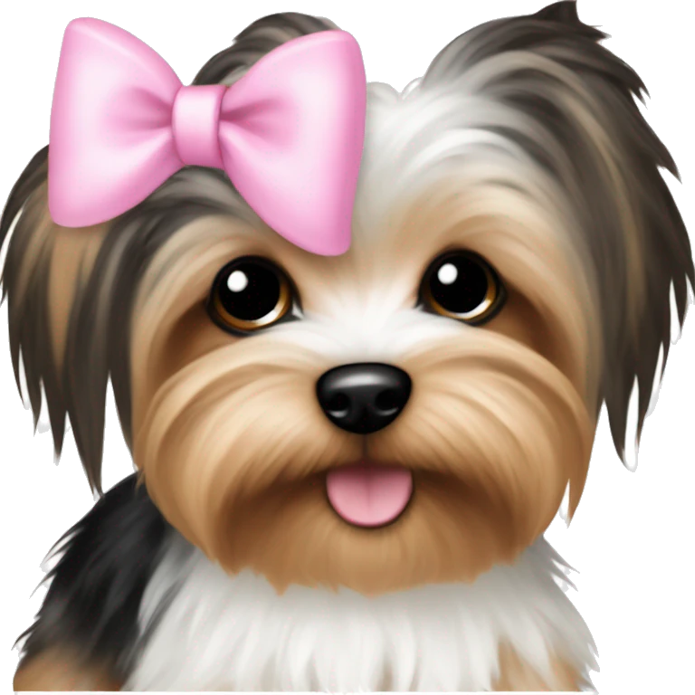 Tiny tiny white brown and black Yorkie puppy with a pink and white bow emoji