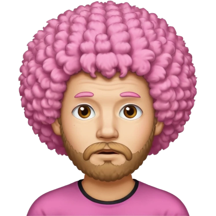 A light-skinned man with a fluffy pink afro, brown eyes, a beard, and a slightly uneasy expression. emoji