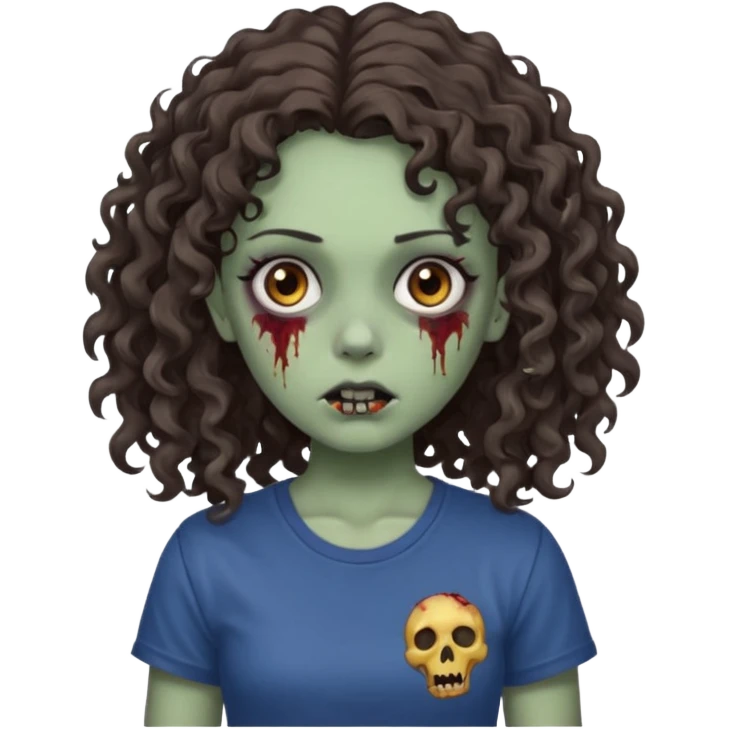 zombie girl with curly hair n brown eyes, dark and long hair 3a with wavy scalp, just a tshirt emoji
