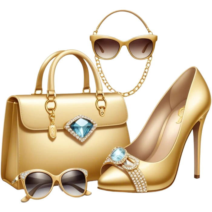 A photorealistic icon featuring luxurious fashion accessories like a high-end handbag, elegant high heels, a sparkling diamond necklace and a stylish pair of sunglasses. The design includes gold accents, soft lighting, and glamorous textures, fashion, and VIP luxury. Transparent background emoji