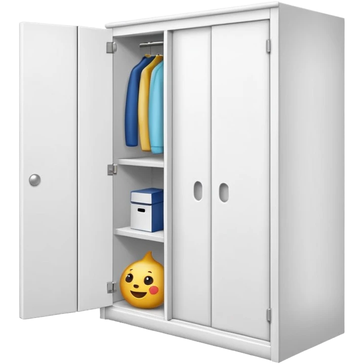 Simple L-shaped corner closet made of smooth white PVC, emoji-style. Two plain doors, one on each side, opening outward like a book from the corner.  emoji