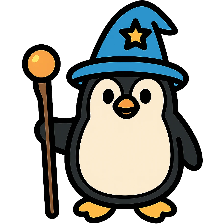 color outline icon of a penguin wizard with a staff emoji