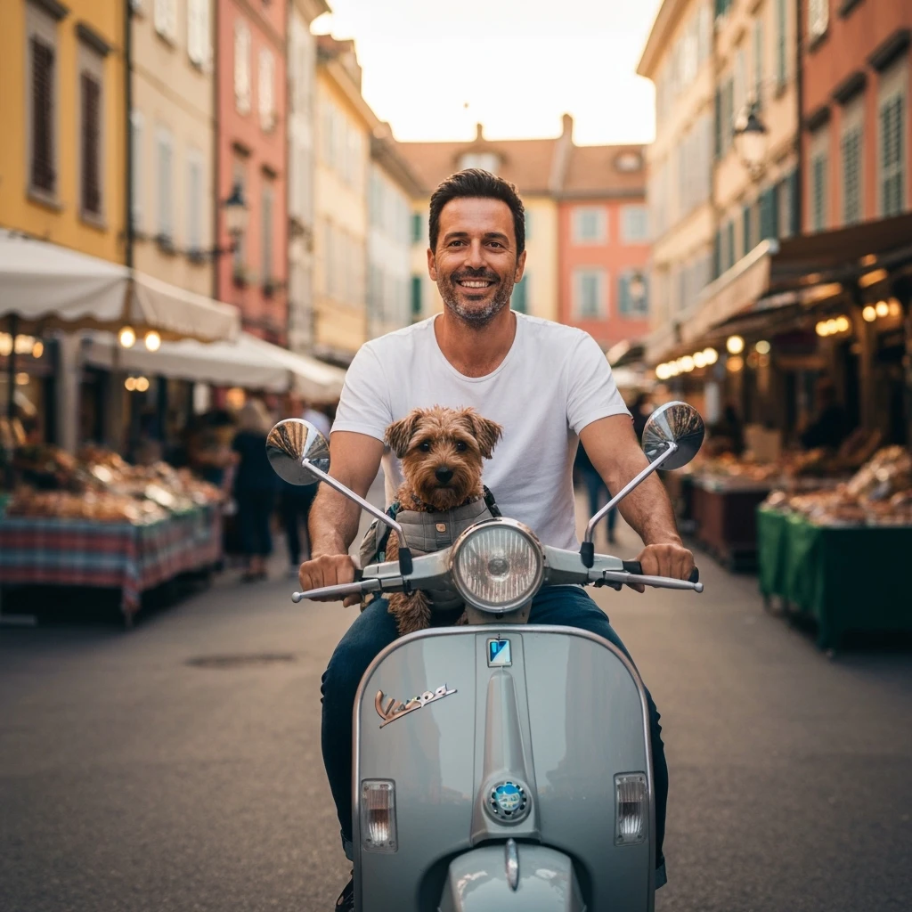 man and his pet dog riding a vespa emoji